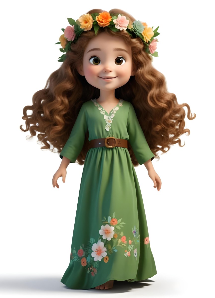 3d Model A Young Girl With Long Curly Brown Hair Adorned With A Floral Crown She Has Large Expressive Brown Eyes And A Cheerful Smile She Is Wearing A Long Green Dress With A White Belt And Floral Patterns Along The 66 Ebe6