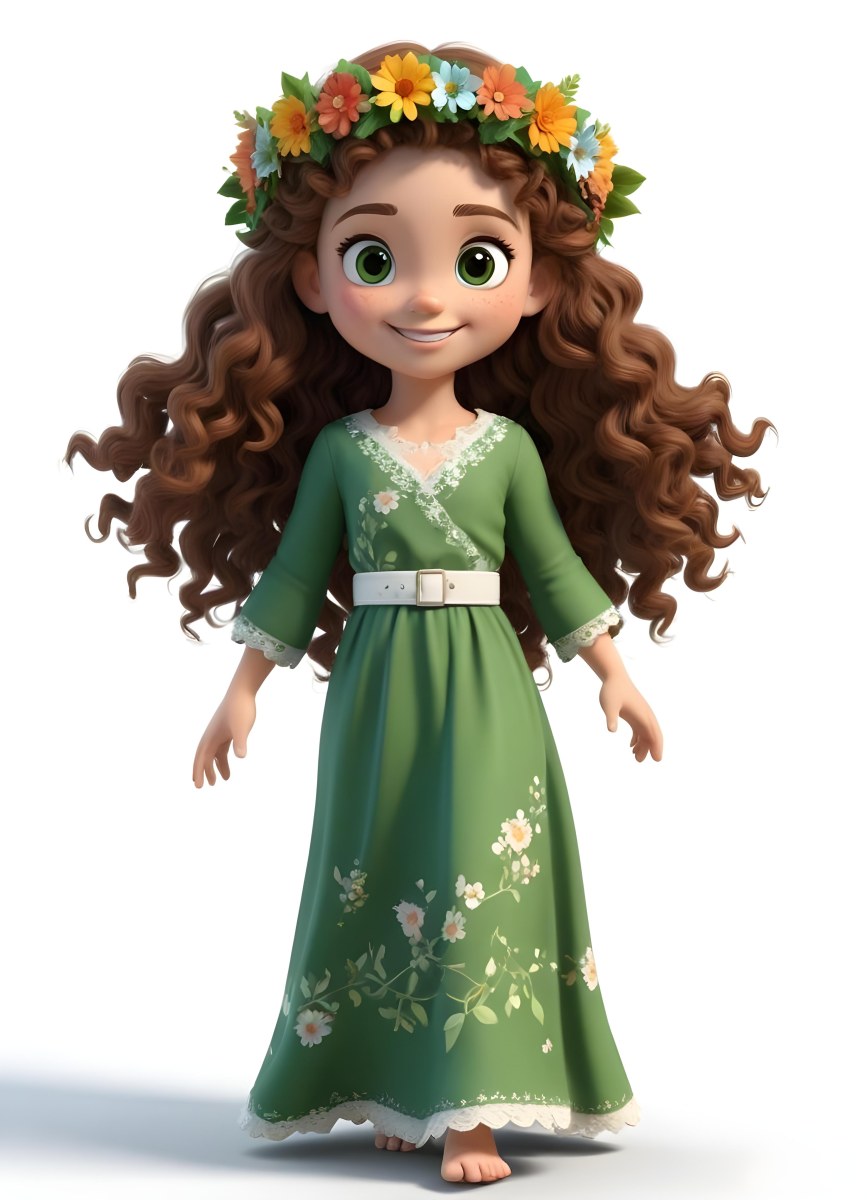 3d Model A Young Girl With Long Curly Brown Hair Adorned With A Floral Crown She Has Large Expressive Brown Eyes And A Cheerful Smile She Is Wearing A Long Green Dress With A White Belt And Floral Patterns Along The 71 3882