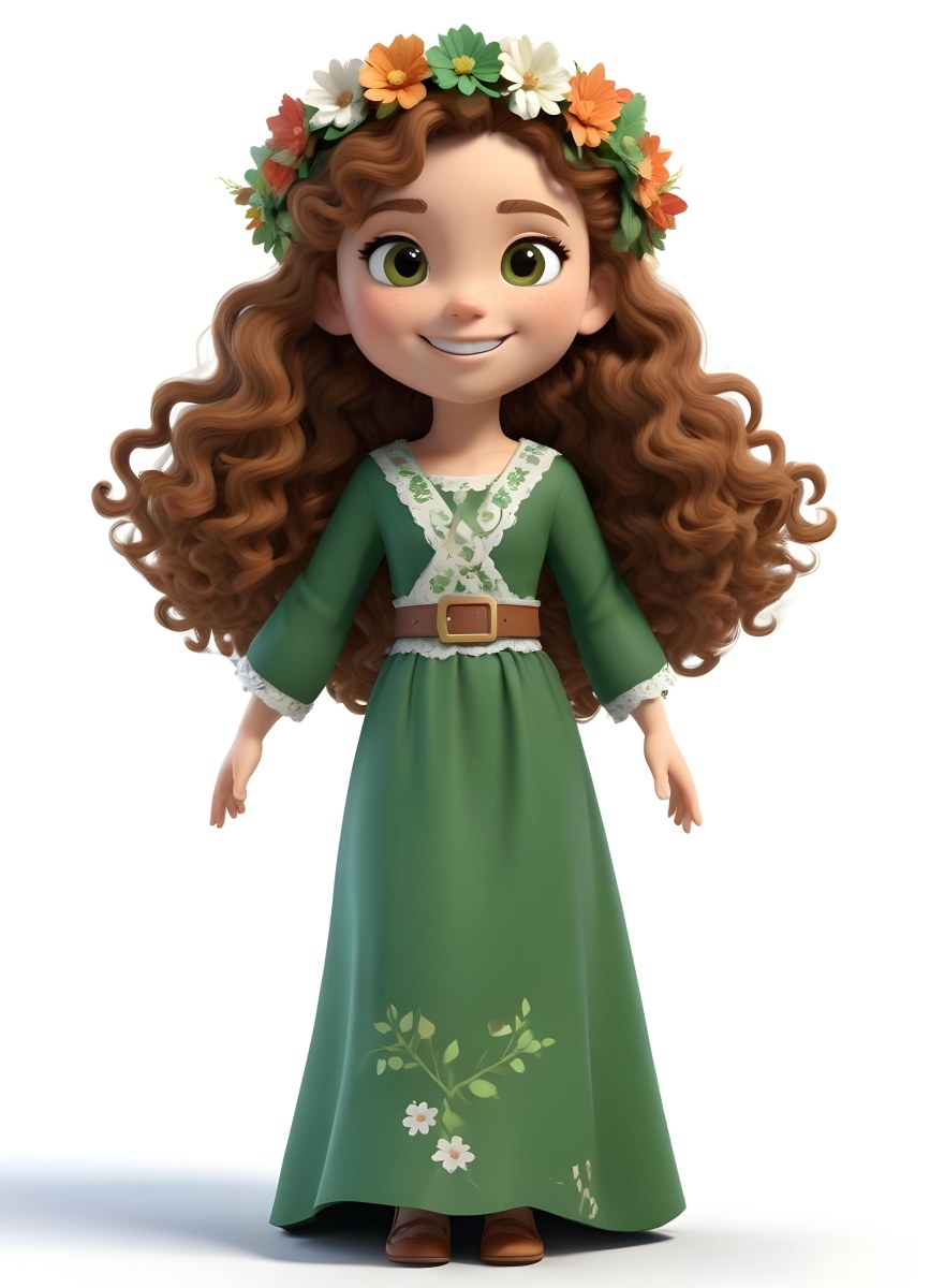 3d Model A Young Girl With Long Curly Brown Hair Adorned With A Floral Crown She Has Large Expressive Brown Eyes And A Cheerful Smile She Is Wearing A Long Green Dress With A White Belt And Floral Patterns Along The 75 Dce4