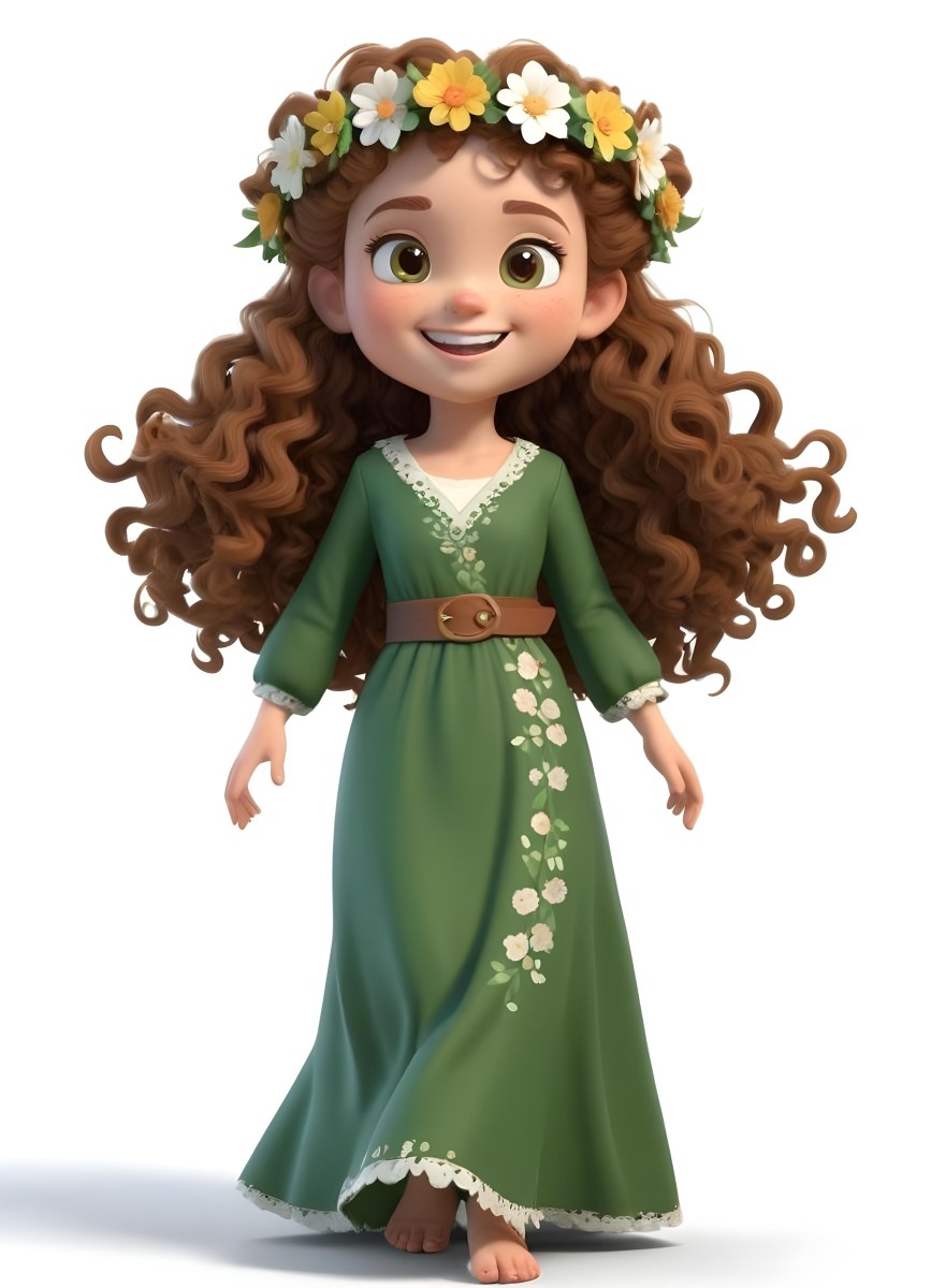 3d Model A Young Girl With Long Curly Brown Hair Adorned With A Floral Crown She Has Large Expressive Brown Eyes And A Cheerful Smile She Is Wearing A Long Green Dress With A White Belt And Floral Patterns Along The 82 Cbcf