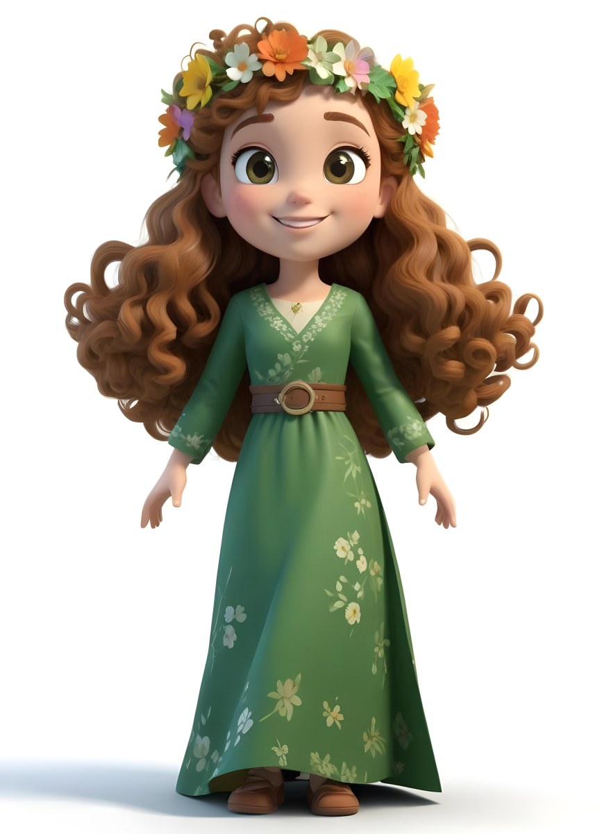3d Model A Young Girl With Long Curly Brown Hair Adorned With A Floral Crown She Has Large Expressive Brown Eyes And A Cheerful Smile She Is Wearing A Long Green Dress With A White Belt And Floral Patterns Along The 83 23d3
