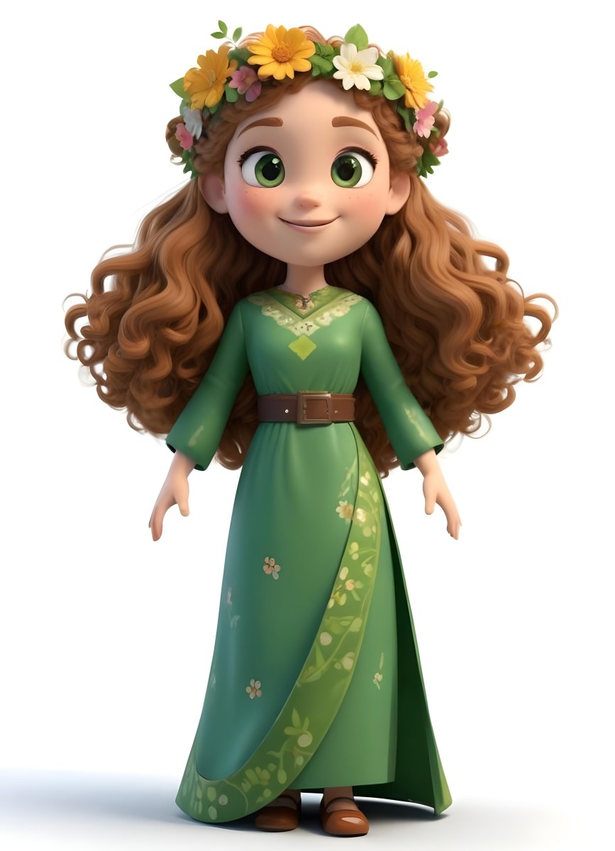 3d Model A Young Girl With Long Curly Brown Hair Adorned With A Floral Crown She Has Large Expressive Brown Eyes And A Cheerful Smile She Is Wearing A Long Green Dress With A White Belt And Floral Patterns Along The 84 59d8