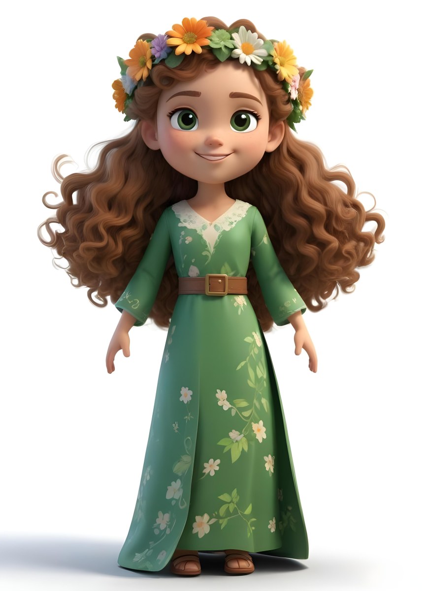 3d Model A Young Girl With Long Curly Brown Hair Adorned With A Floral Crown She Has Large Expressive Brown Eyes And A Cheerful Smile She Is Wearing A Long Green Dress With A White Belt And Floral Patterns Along The 85 0370