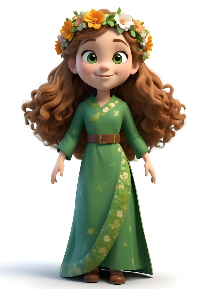 3d Model A Young Girl With Long Curly Brown Hair Adorned With A Floral Crown She Has Large Expressive Brown Eyes And A Cheerful Smile She Is Wearing A Long Green Dress With A White Belt And Floral Patterns Along The 86 501d