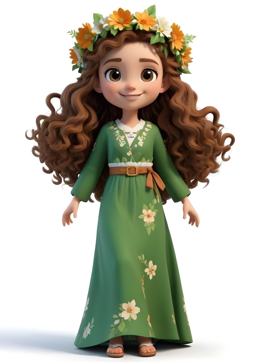 3d Model A Young Girl With Long Curly Brown Hair Adorned With A Floral Crown She Has Large Expressive Brown Eyes And A Cheerful Smile She Is Wearing A Long Green Dress With A White Belt And Floral Patterns Along The 87 F840