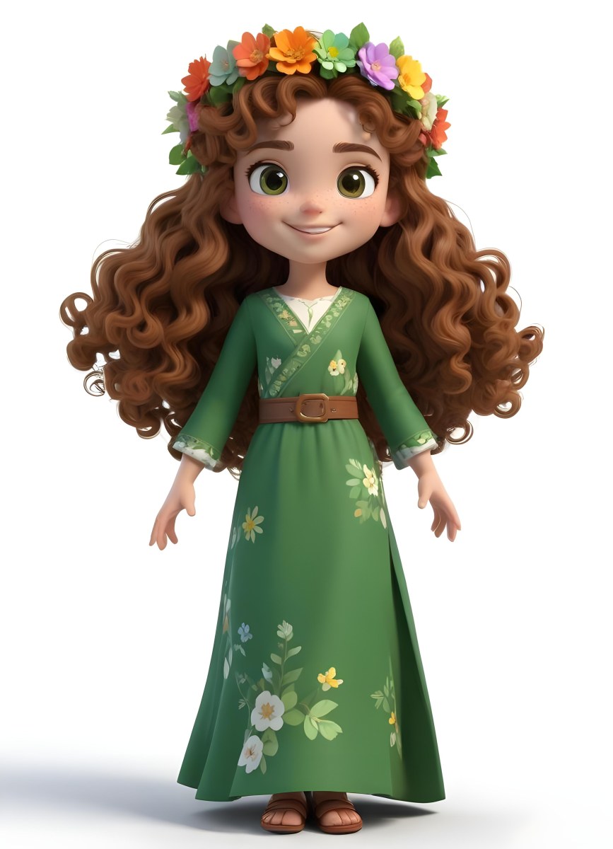 3d Model A Young Girl With Long Curly Brown Hair Adorned With A Floral Crown She Has Large Expressive Brown Eyes And A Cheerful Smile She Is Wearing A Long Green Dress With A White Belt And Floral Patterns Along The 88 7701