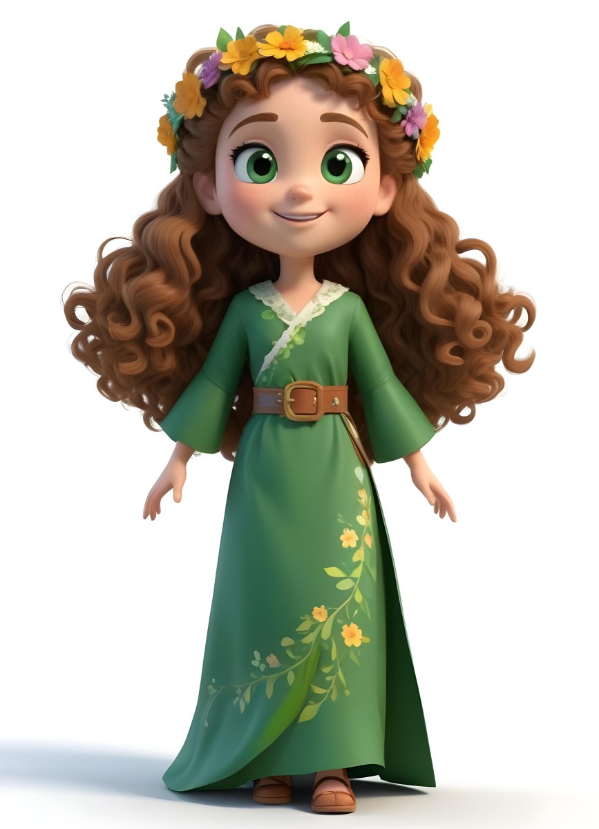 3d Model A Young Girl With Long Curly Brown Hair Adorned With A Floral Crown She Has Large Expressive Brown Eyes And A Cheerful Smile She Is Wearing A Long Green Dress With A White Belt And Floral Patterns Along The 89 34b5
