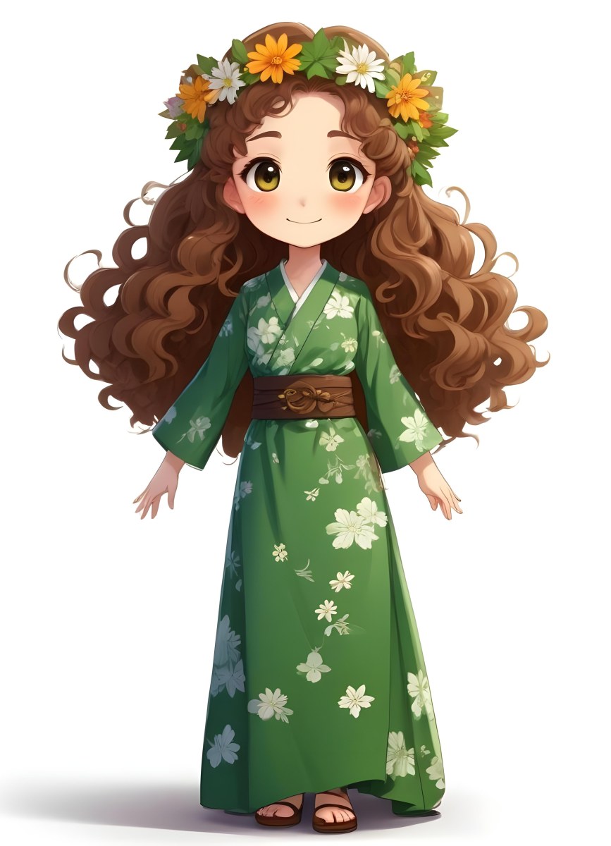 3d Model A Young Girl With Long Curly Brown Hair Adorned With A Floral Crown She Has Large Expressive Brown Eyes And A Cheerful Smile She Is Wearing A Long Green Dress With A White Belt And Floral Patterns Along The 9 6032