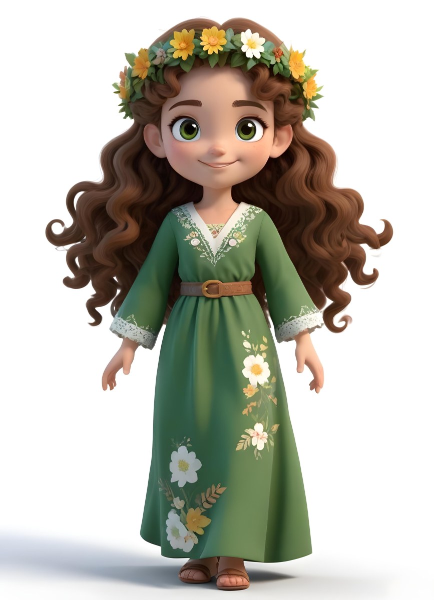 3d Model A Young Girl With Long Curly Brown Hair Adorned With A Floral Crown She Has Large Expressive Brown Eyes And A Cheerful Smile She Is Wearing A Long Green Dress With A White Belt And Floral Patterns Along The 90 9250