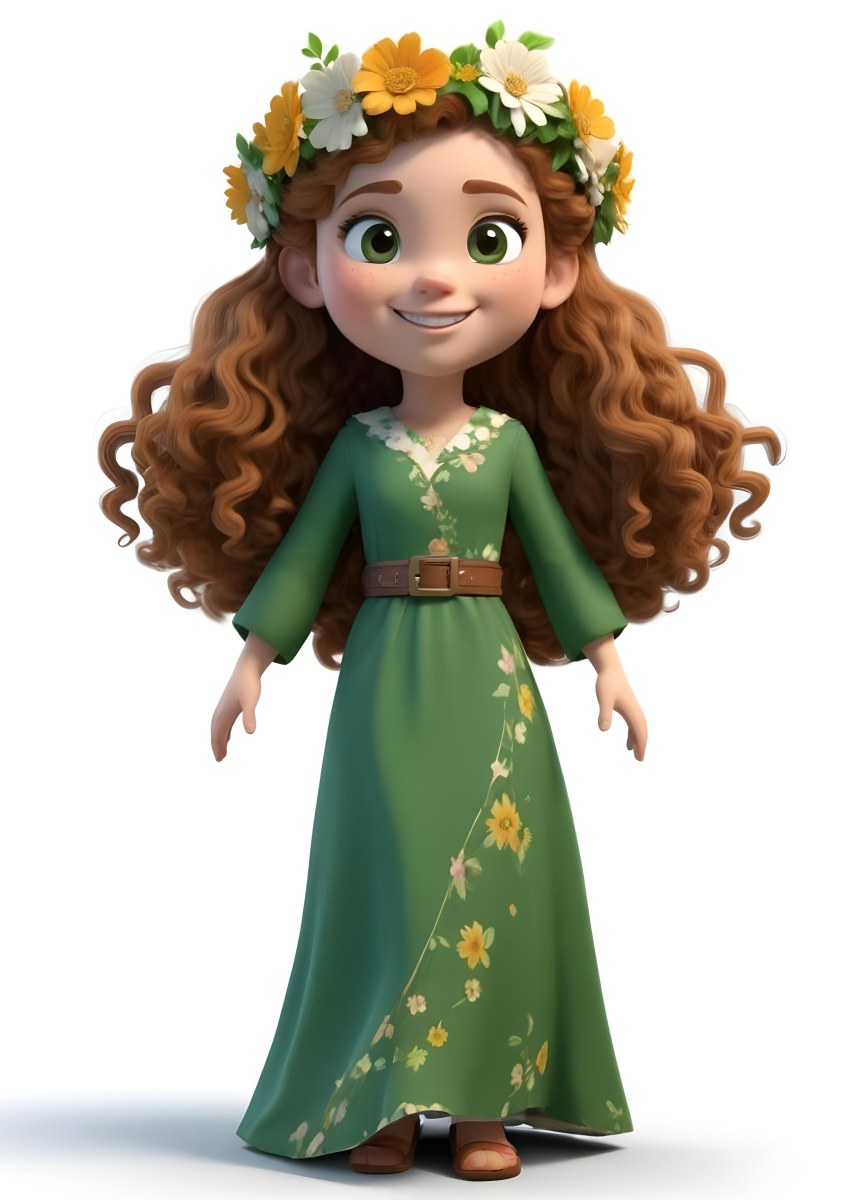 3d Model A Young Girl With Long Curly Brown Hair Adorned With A Floral Crown She Has Large Expressive Brown Eyes And A Cheerful Smile She Is Wearing A Long Green Dress With A White Belt And Floral Patterns Along The 91 C04f