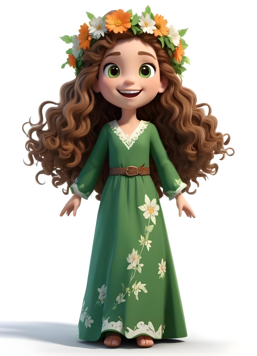 3d Model A Young Girl With Long Curly Brown Hair Adorned With A Floral Crown She Has Large Expressive Brown Eyes And A Cheerful Smile She Is Wearing A Long Green Dress With A White Belt And Floral Patterns Along The 92 276d
