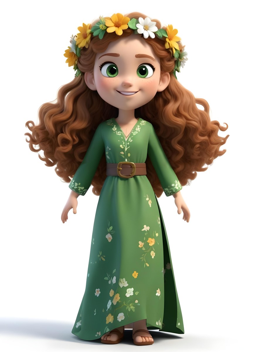 3d Model A Young Girl With Long Curly Brown Hair Adorned With A Floral Crown She Has Large Expressive Brown Eyes And A Cheerful Smile She Is Wearing A Long Green Dress With A White Belt And Floral Patterns Along The 93 2858