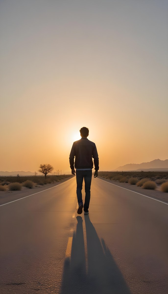 A 25 Year Old Indian Man With Black Hair Walking Away On A Road During Sunset Wearing A Jacket And Jeans In A Desert Landscape 13 271d