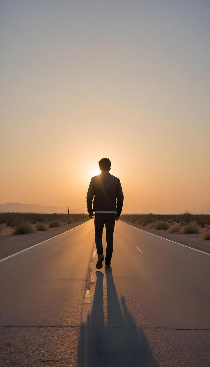 A 25 Year Old Indian Man With Black Hair Walking Away On A Road During Sunset Wearing A Jacket And Jeans In A Desert Landscape 15 1f3a