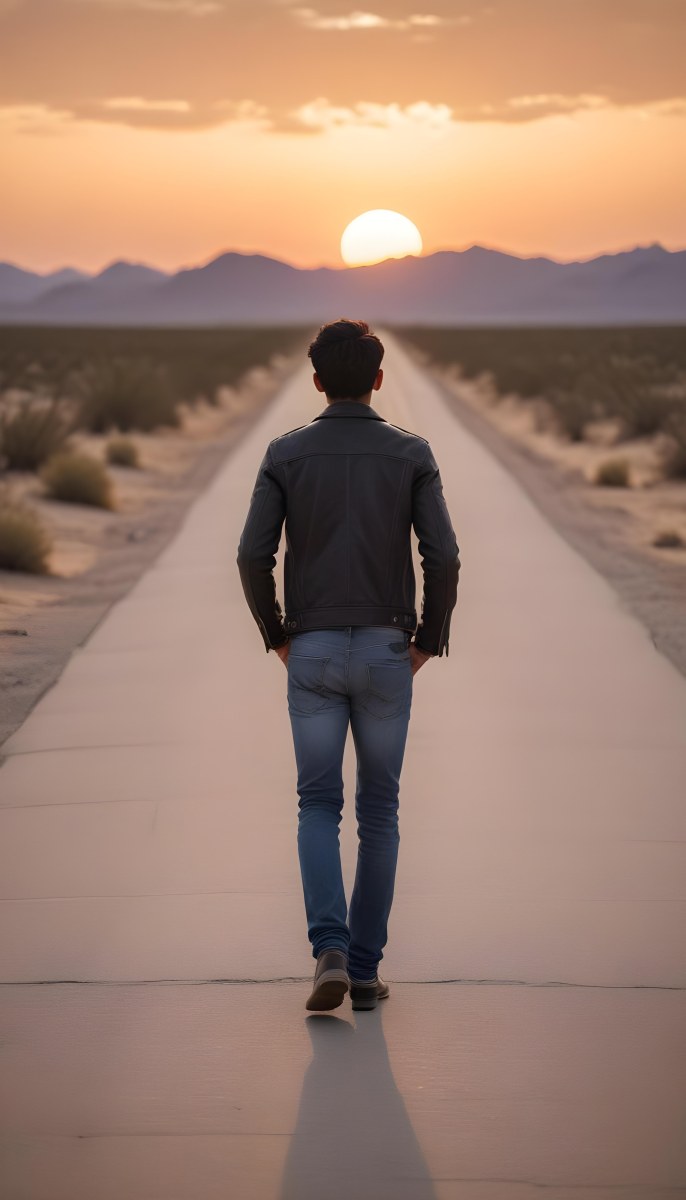 A 25 Year Old Indian Man With Black Hair Walking Away On A Road During Sunset Wearing A Jacket And Jeans In A Desert Landscape 20 Cf72