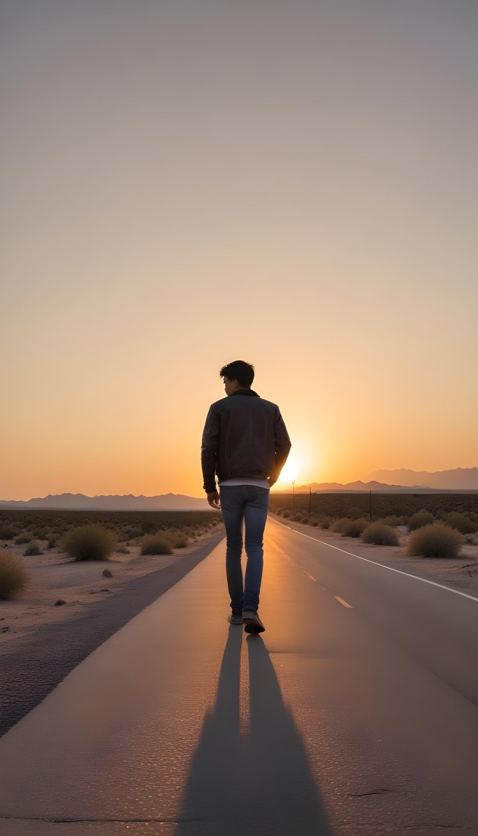 A 25 Year Old Indian Man With Black Hair Walking Away On A Road During Sunset Wearing A Jacket And Jeans In A Desert Landscape 30 Bb7e