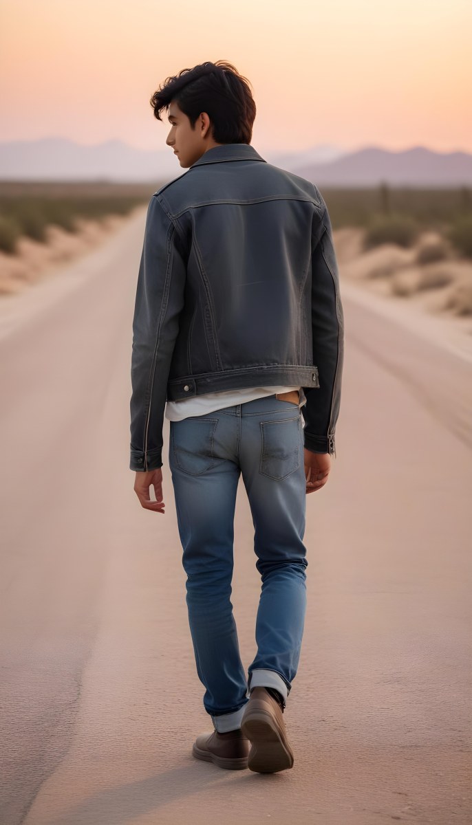 A 25 Year Old Indian Man With Black Hair Walking Away On A Road During Sunset Wearing A Jacket And Jeans In A Desert Landscape 39 7004