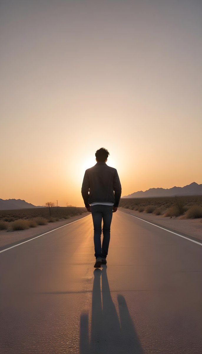 A 25 Year Old Indian Man With Black Hair Walking Away On A Road During Sunset Wearing A Jacket And Jeans In A Desert Landscape 4 293f