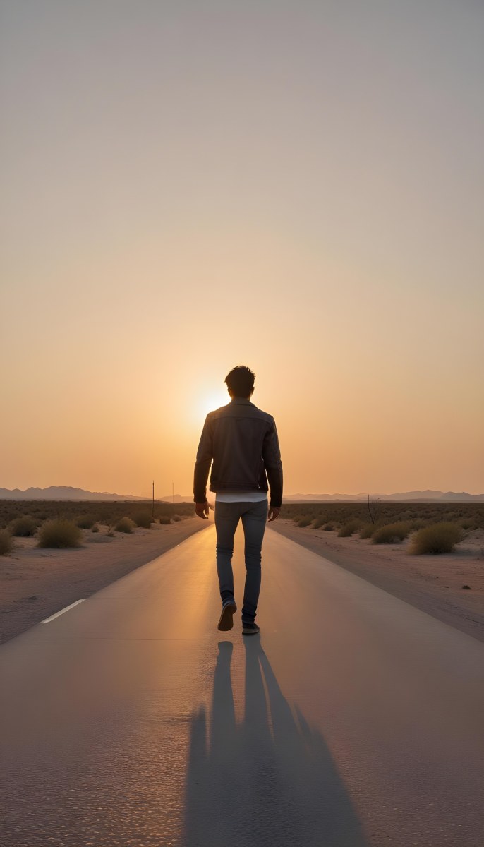 A 25 Year Old Indian Man With Black Hair Walking Away On A Road During Sunset Wearing A Jacket And Jeans In A Desert Landscape 40 29b9