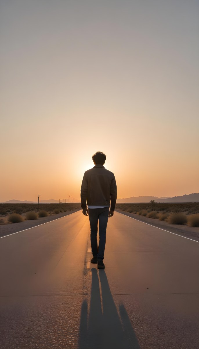A 25 Year Old Indian Man With Black Hair Walking Away On A Road During Sunset Wearing A Jacket And Jeans In A Desert Landscape 41 8030