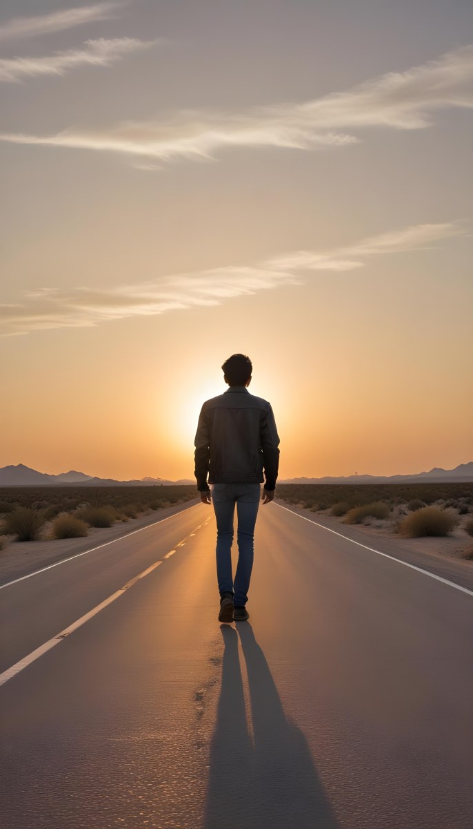 A 25 Year Old Indian Man With Black Hair Walking Away On A Road During Sunset Wearing A Jacket And Jeans In A Desert Landscape 42 724a