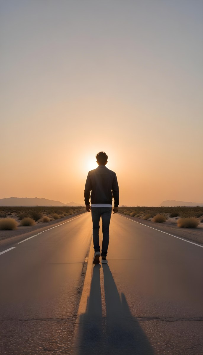 A 25 Year Old Indian Man With Black Hair Walking Away On A Road During Sunset Wearing A Jacket And Jeans In A Desert Landscape 44 Efd5