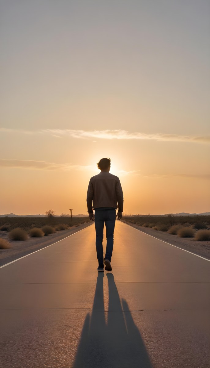 A 25 Year Old Indian Man With Black Hair Walking Away On A Road During Sunset Wearing A Jacket And Jeans In A Desert Landscape 45 63fc