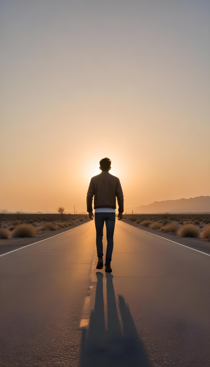 A 25 Year Old Indian Man With Black Hair Walking Away On A Road During Sunset Wearing A Jacket And Jeans In A Desert Landscape 5 Ea28