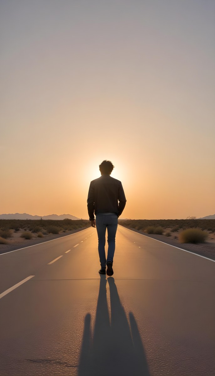 A 25 Year Old Indian Man With Black Hair Walking Away On A Road During Sunset Wearing A Jacket And Jeans In A Desert Landscape 7 8bbd