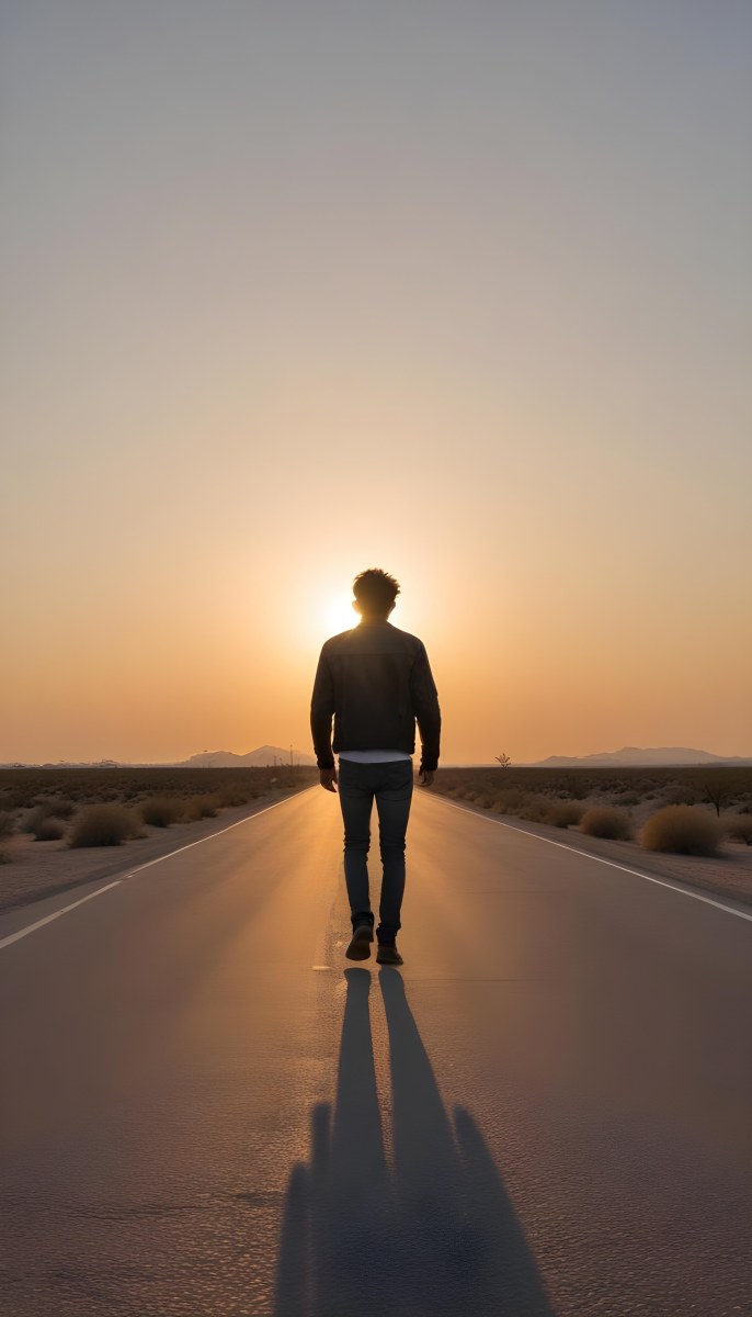 A 25 Year Old Indian Man With Black Hair Walking Away On A Road During Sunset Wearing A Jacket And Jeans In A Desert Landscape 8 E18d