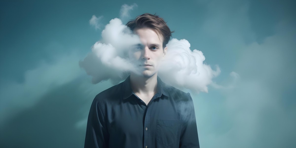 A 30 Year Old White Man With A Cloud Covering His Face Light Blue Background 35 2132