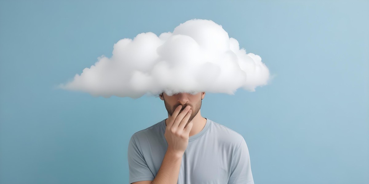 A 30 Year Old White Man With A Cloud Covering His Face Light Blue Background 39 564b