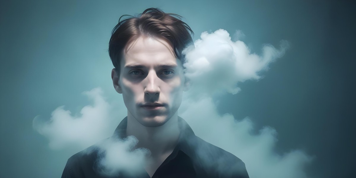 A 30 Year Old White Man With A Cloud Covering His Face Light Blue Background 40 E91b