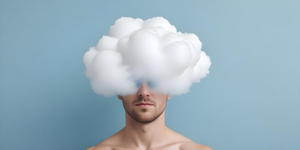 A 30 Year Old White Man With A Cloud Covering His Face Light Blue Background 43 7f22