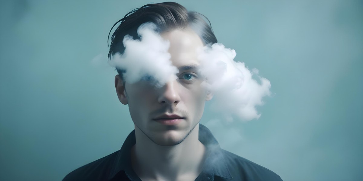 A 30 Year Old White Man With A Cloud Covering His Face Light Blue Background 44 4d68