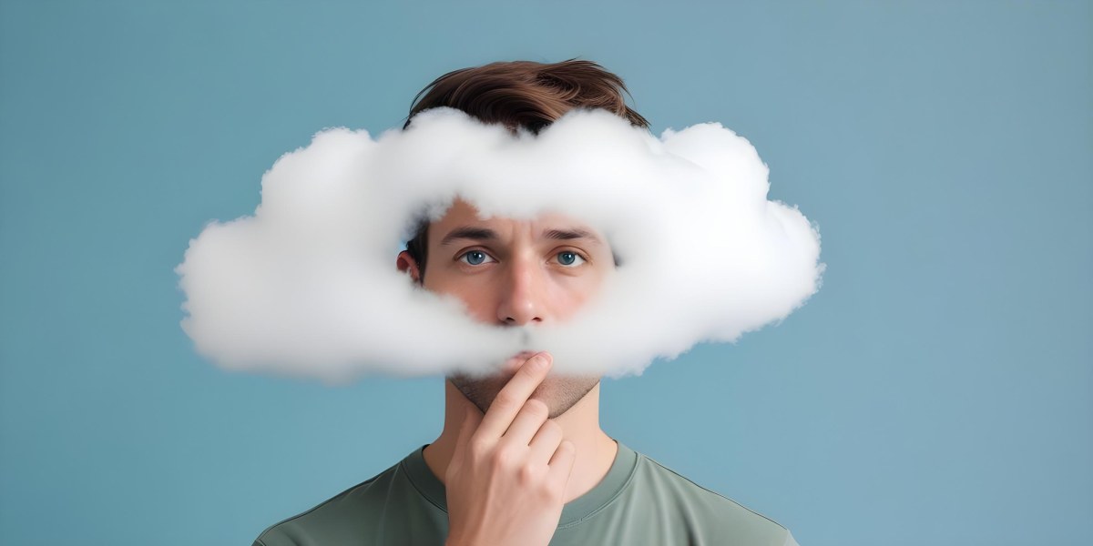 A 30 Year Old White Man With A Cloud Covering His Face Light Blue Background 48 2d2c