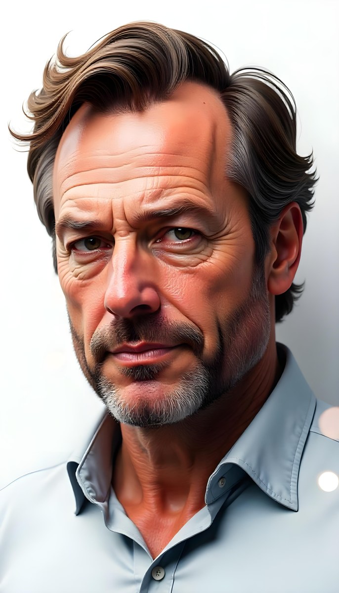 A 45 Year Old White Man With Brown Hair Drawing The Rest Of The Face With A White Marker On A White Background 24 93cb