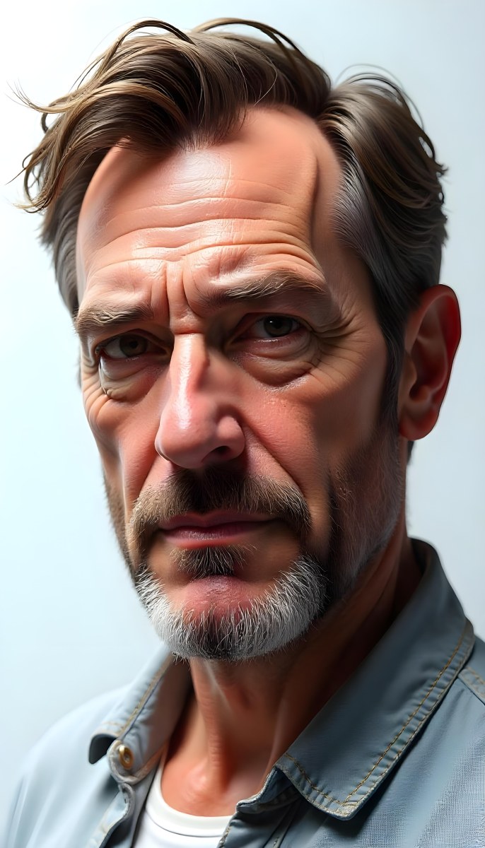 A 45 Year Old White Man With Brown Hair Drawing The Rest Of The Face With A White Marker On A White Background 29 6aa2