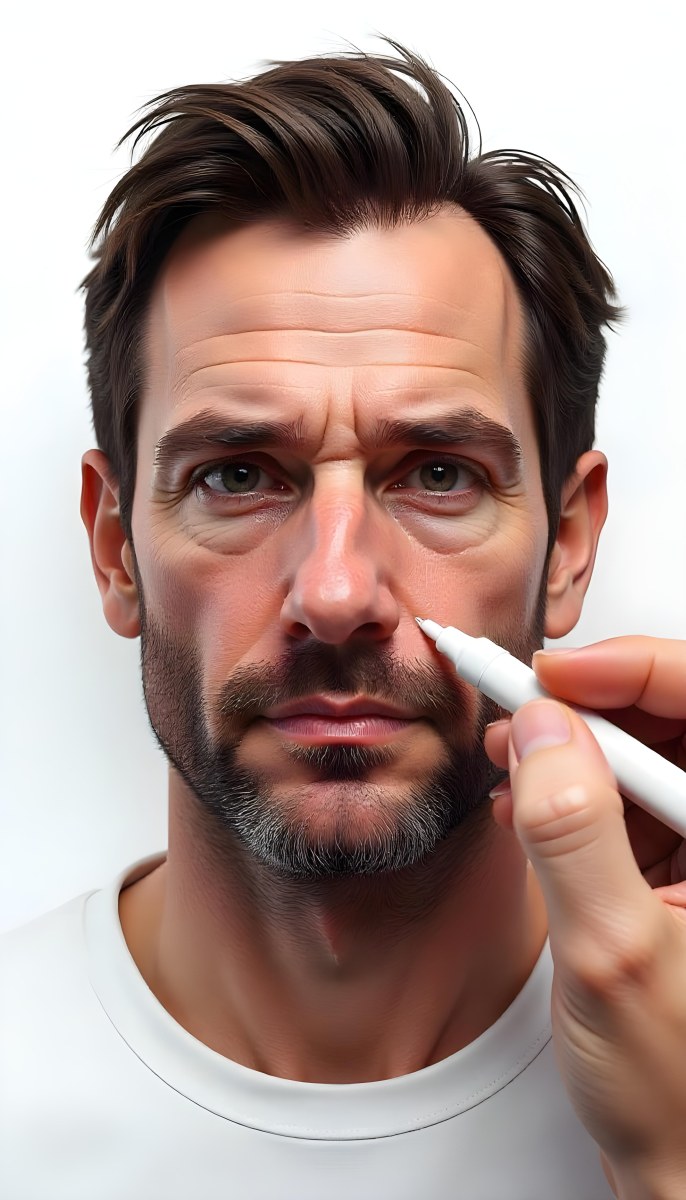 A 45 Year Old White Man With Brown Hair Drawing The Rest Of The Face With A White Marker On A White Background 30 5e2f