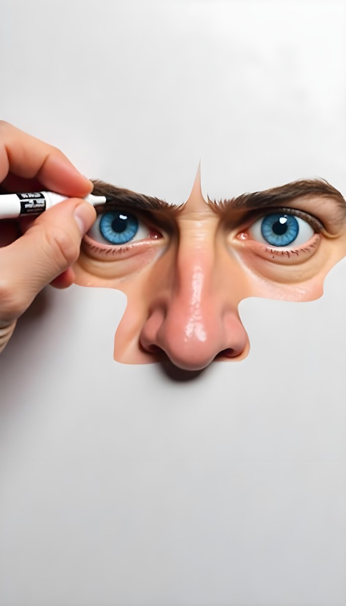 A 45 Year Old White Man With Brown Hair Drawing The Rest Of The Face With A White Marker On A White Background 31 6af6