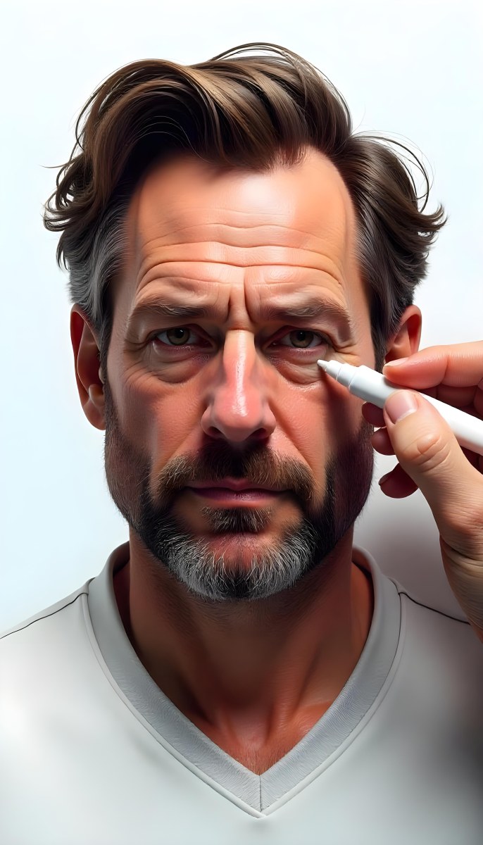 A 45 Year Old White Man With Brown Hair Drawing The Rest Of The Face With A White Marker On A White Background 33 D977