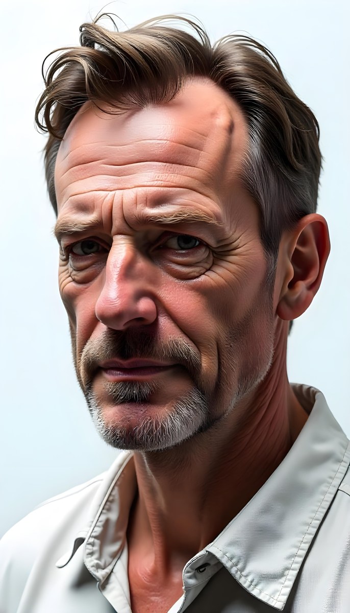 A 45 Year Old White Man With Brown Hair Drawing The Rest Of The Face With A White Marker On A White Background 34 Ee40