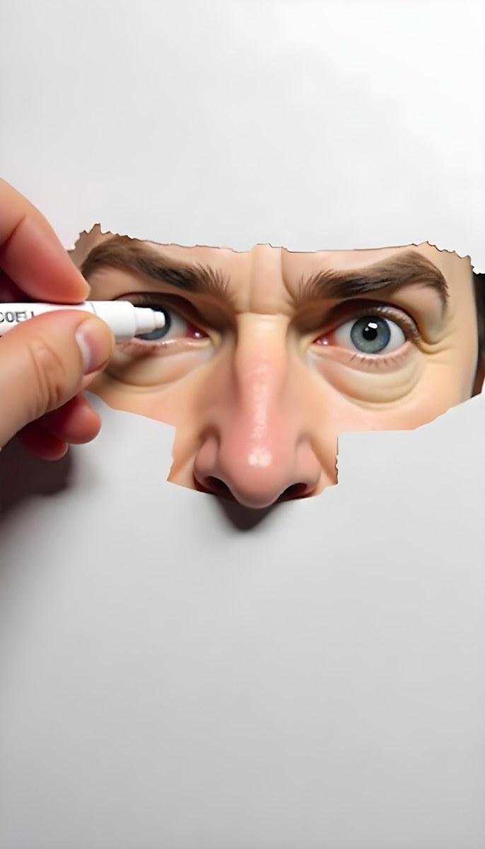 A 45 Year Old White Man With Brown Hair Drawing The Rest Of The Face With A White Marker On A White Background 35 9e10