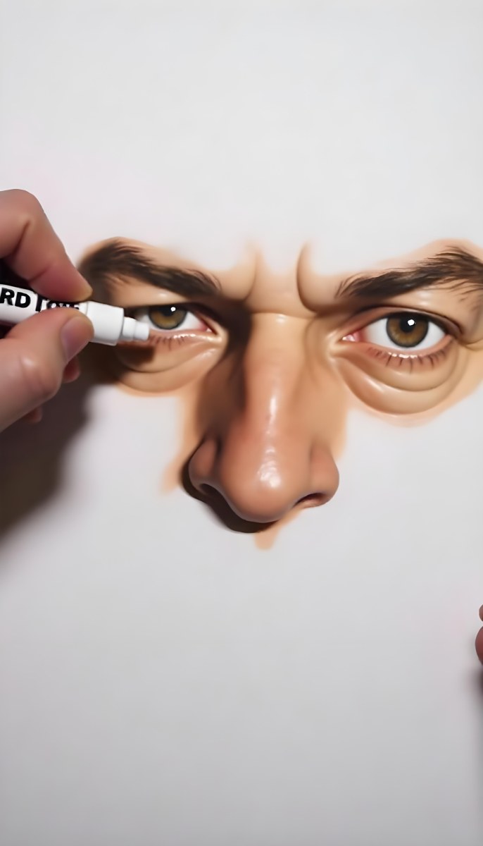 A 45 Year Old White Man With Brown Hair Drawing The Rest Of The Face With A White Marker On A White Background 36 4fc8