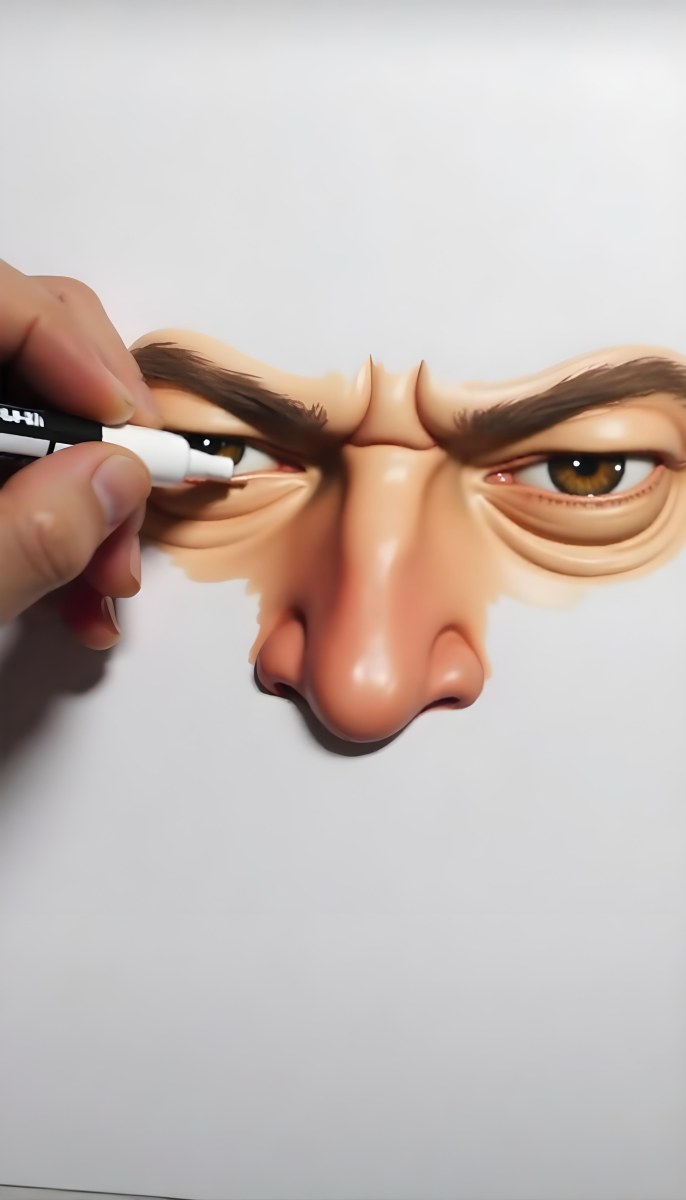 A 45 Year Old White Man With Brown Hair Drawing The Rest Of The Face With A White Marker On A White Background 37 Eead