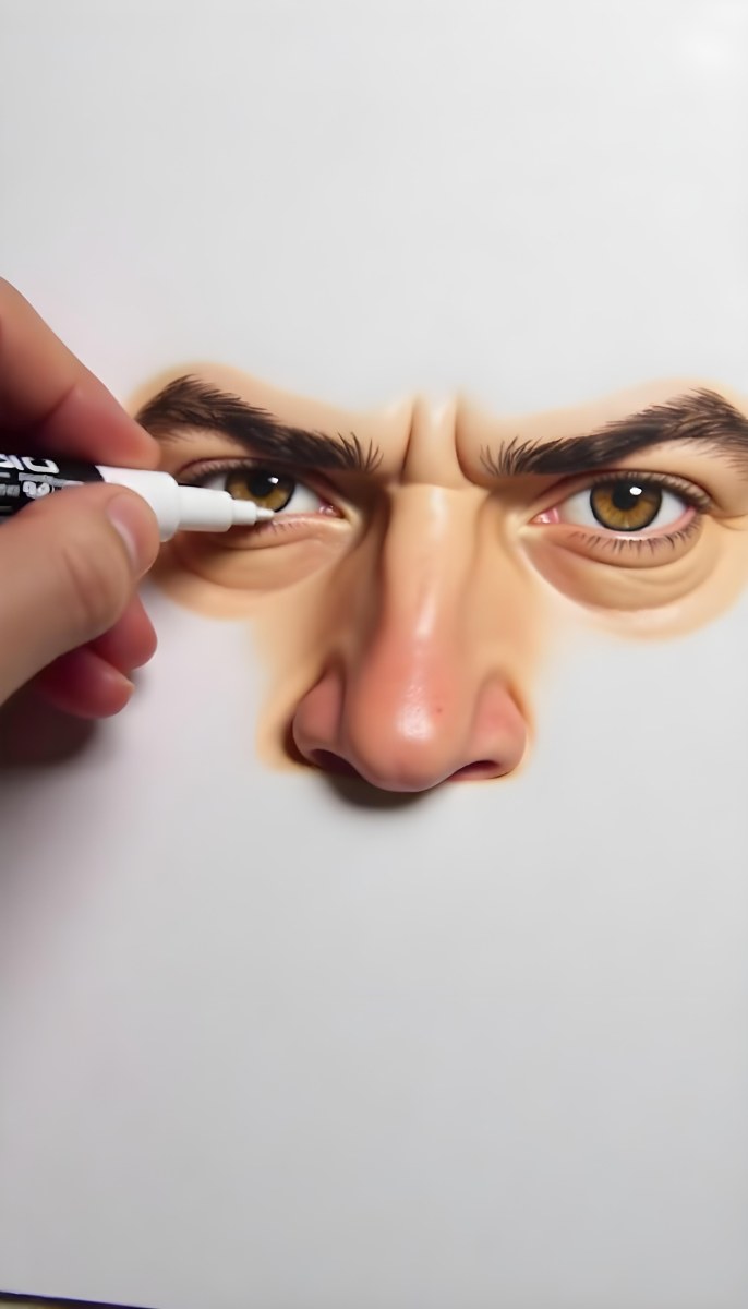A 45 Year Old White Man With Brown Hair Drawing The Rest Of The Face With A White Marker On A White Background 38 6b09