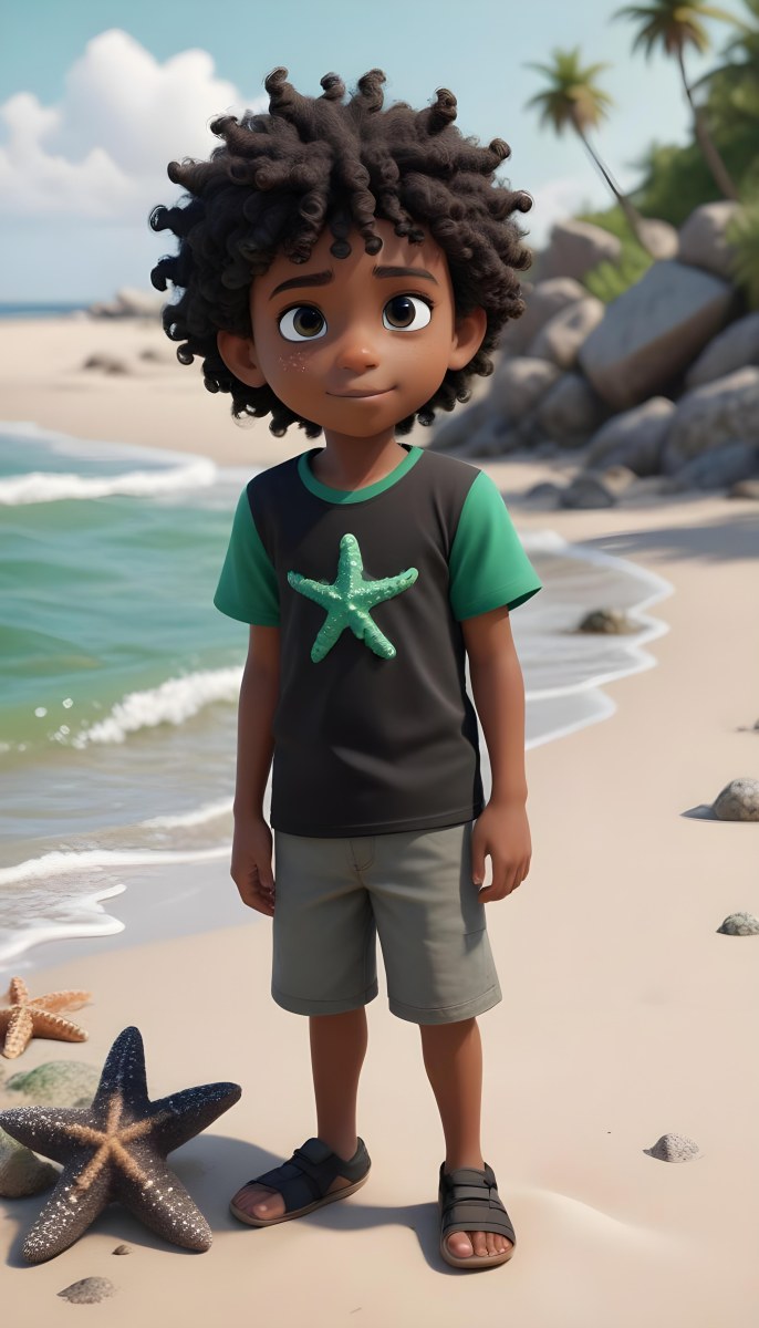 A Black Boy With Black Eyes Curly Hair 10 Years Old Wearing A Black T Shirt With A Starfish On A Beach With Green Rocks 46 E19d