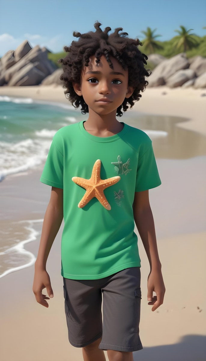 A Black Boy With Black Eyes Curly Hair 10 Years Old Wearing A Black T Shirt With A Starfish On A Beach With Green Rocks 5 7802