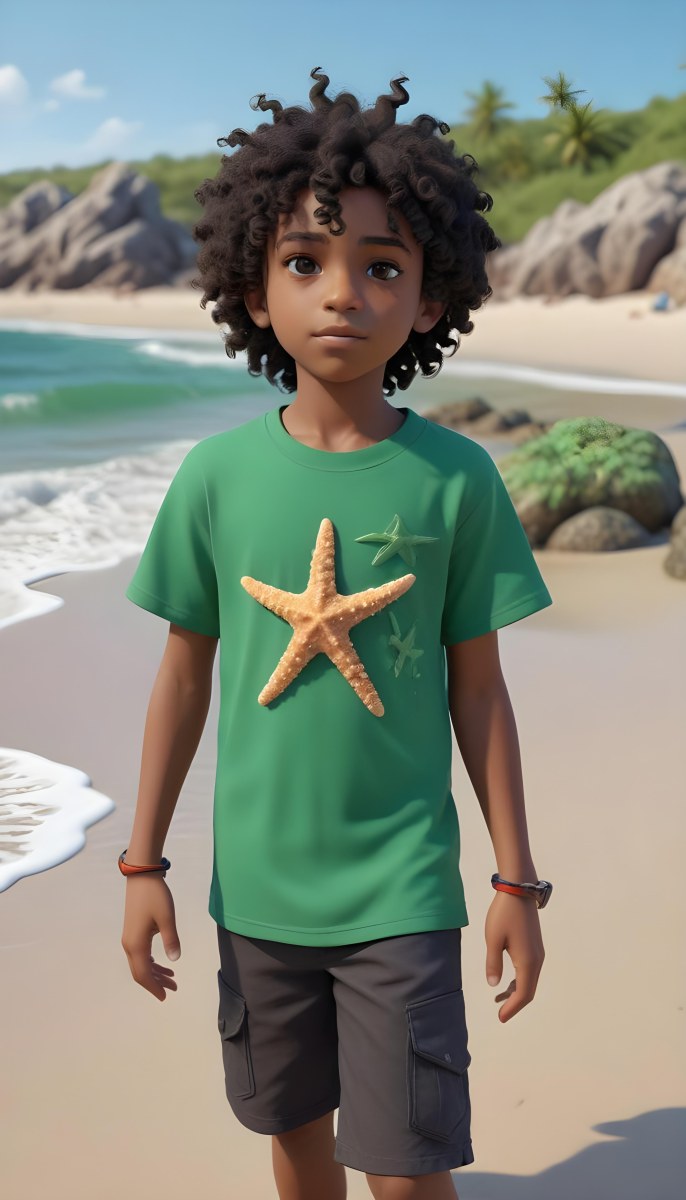 A Black Boy With Black Eyes Curly Hair 10 Years Old Wearing A Black T Shirt With A Starfish On A Beach With Green Rocks 6 7693