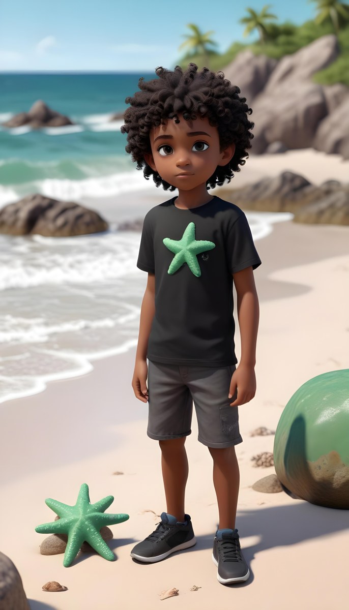 A Black Boy With Black Eyes Curly Hair 10 Years Old Wearing A Black T Shirt With A Starfish On A Beach With Green Rocks 8 Ad7d
